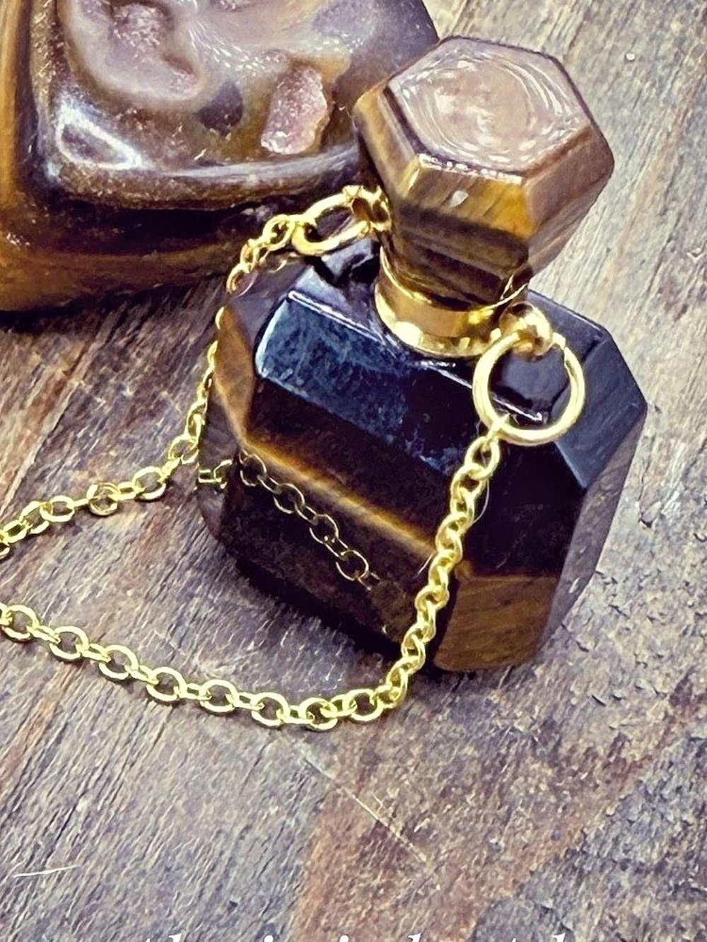 Tiger’s eye + carved & Gold Perfume Bottle with Chain